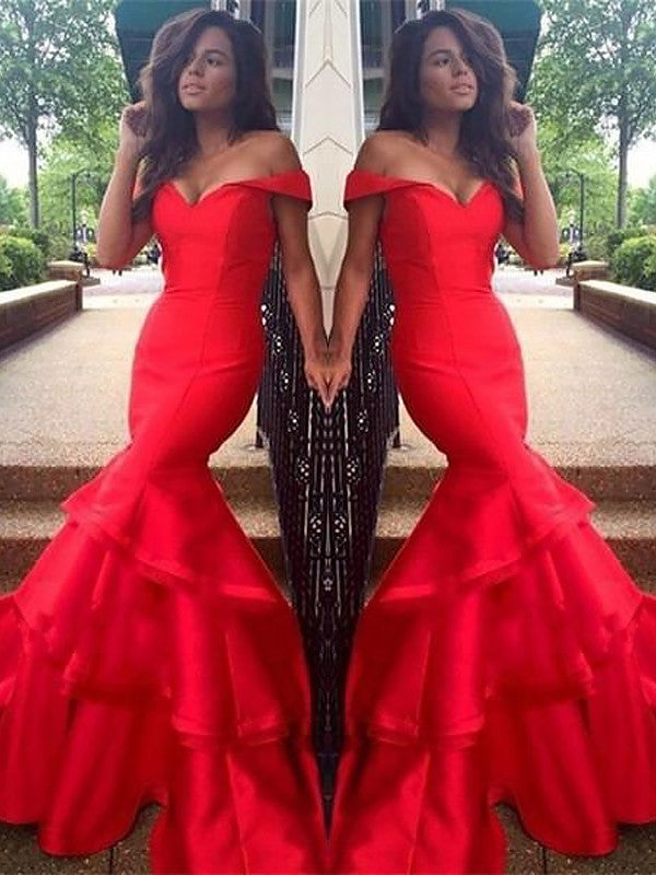 Mermaid Sleeveless Off-the-Shoulder Satin With Layers Sweep/Brush Train Prom Dress