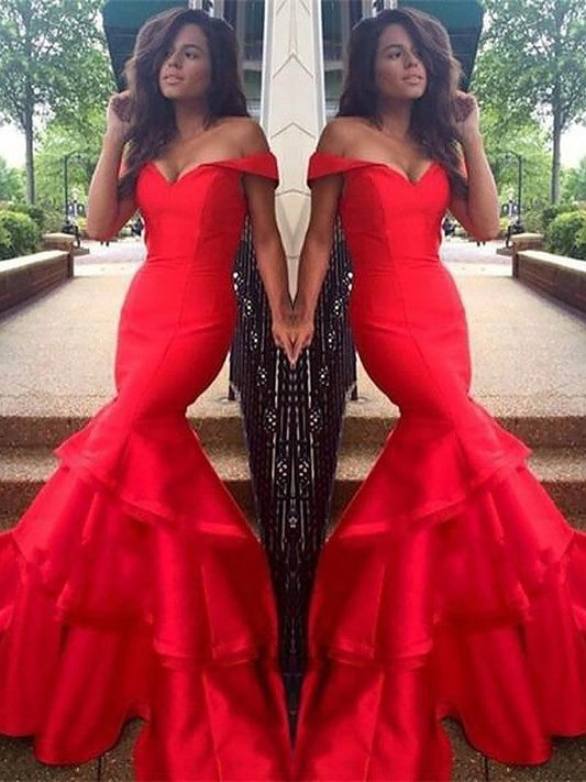 Mermaid Sleeveless Off-the-Shoulder Satin With Layers Sweep/Brush Train Prom Dress