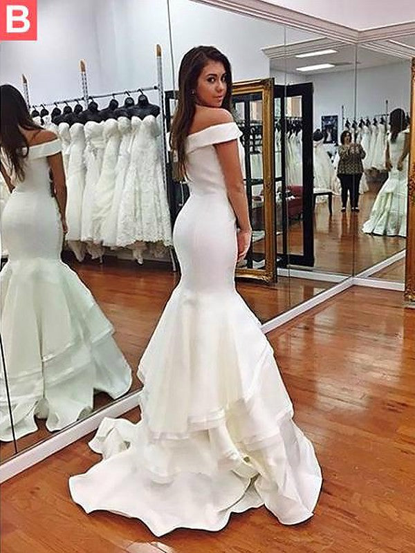 Mermaid Sleeveless Off-the-Shoulder Satin With Layers Sweep/Brush Train Prom Dress