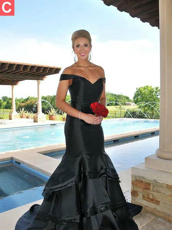 Mermaid Sleeveless Off-the-Shoulder Satin With Layers Sweep/Brush Train Prom Dress