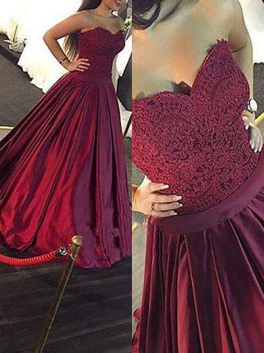Ball Gown Sleeveless Sweetheart With Lace Floor-Length Satin Prom Dress