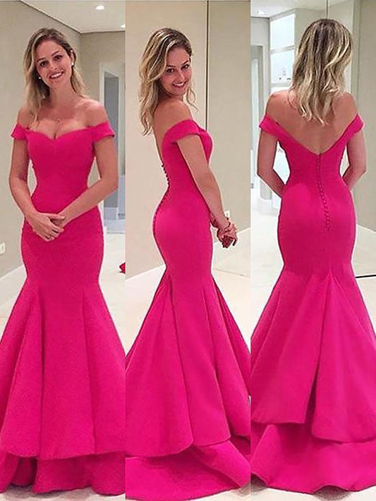 Mermaid Sleeveless Off-the-Shoulder Satin With Layers Sweep/Brush Train Prom Dress
