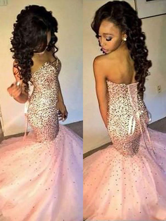 Mermaid Sleeveless Sweetheart Tulle With Sequin Sweep/Brush Train Prom Dress