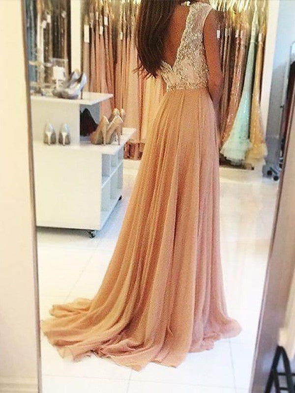 A-Line Sleeveless V-neck Chiffon With Beading Sweep/Brush Train Prom Dress