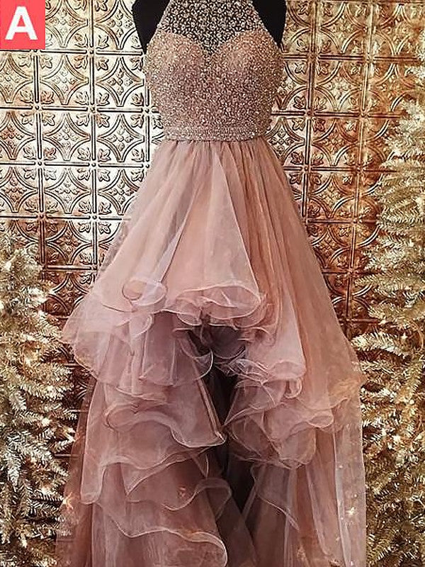 Ball Gown Halter Sleeveless With Beading Asymmetrical Tulle Prom Dress