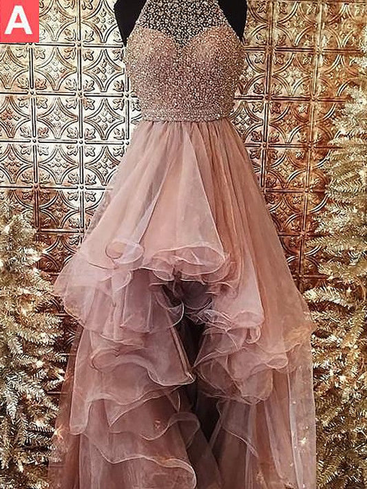 Ball Gown Halter Sleeveless With Beading Asymmetrical Tulle Prom Dress