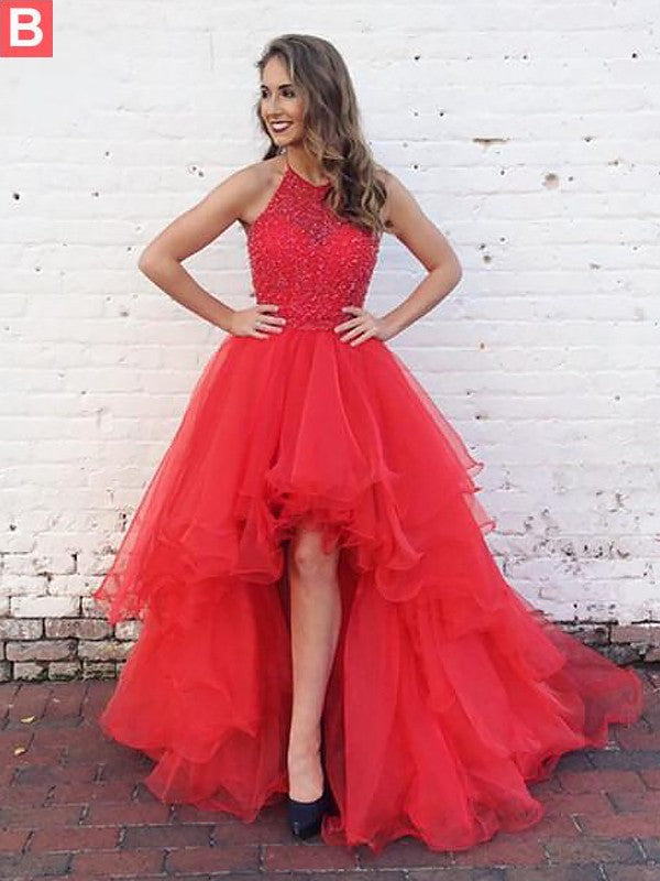 Ball Gown Halter Sleeveless With Beading Asymmetrical Tulle Prom Dress