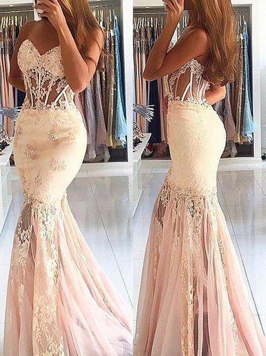 Mermaid Sleeveless Sweetheart Tulle With Lace Sweep/Brush Train Prom Dress
