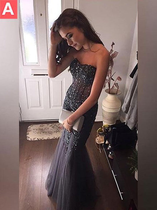 Mermaid Sleeveless Sweetheart Tulle With Sequin Floor-Length Prom Dress