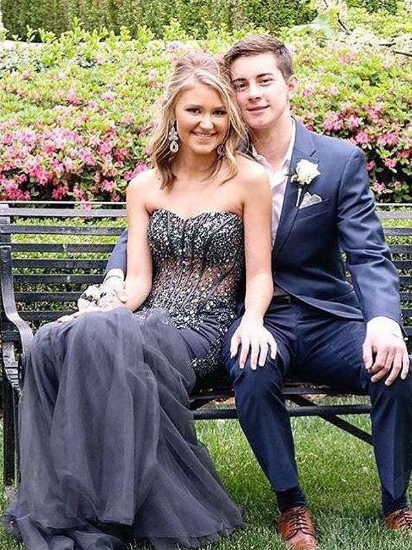 Mermaid Sleeveless Sweetheart Tulle With Sequin Floor-Length Prom Dress