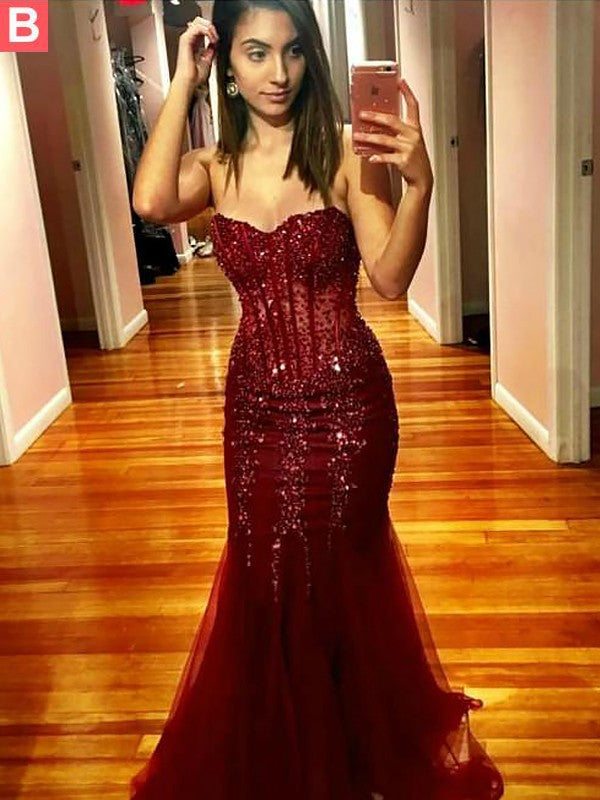Mermaid Sleeveless Sweetheart Tulle With Sequin Floor-Length Prom Dress