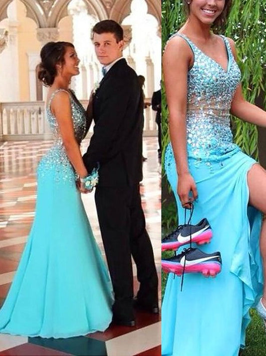 Mermaid Sleeveless V-neck Chiffon With Beading Sweep/Brush Train Prom Dress