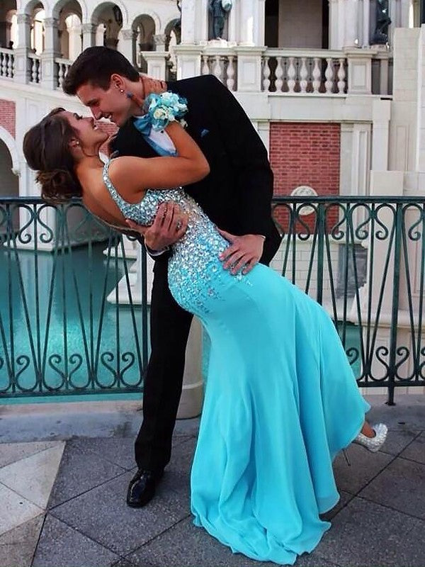 Mermaid Sleeveless V-neck Chiffon With Beading Sweep/Brush Train Prom Dress