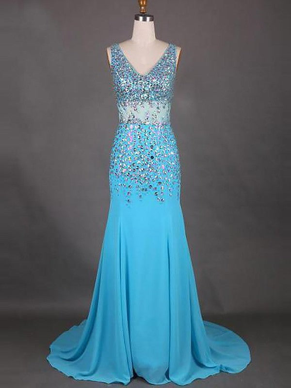 Mermaid Sleeveless V-neck Chiffon With Beading Sweep/Brush Train Prom Dress