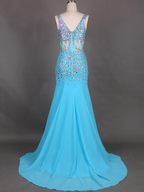 Mermaid Sleeveless V-neck Chiffon With Beading Sweep/Brush Train Prom Dress