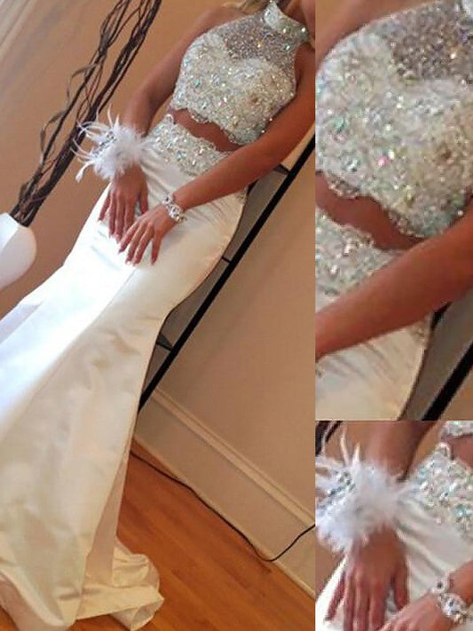 Mermaid High Neck Sleeveless Satin With Beading Sweep/Brush Train Two Piece Prom Dress