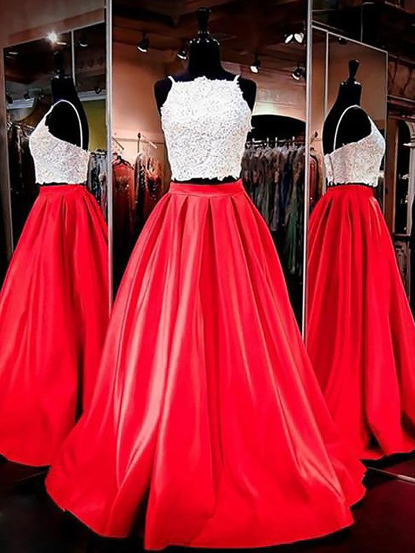 A-Line Spaghetti Straps Sleeveless Satin Floor-Length With Lace Two Piece Prom Dress