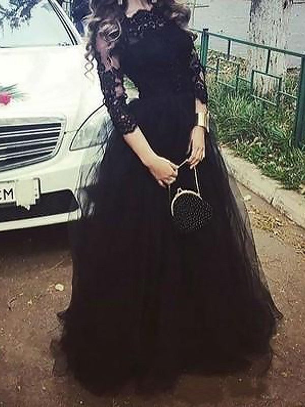 Ball Gown 3/4 Sleeves Bateau With Lace Floor-Length Tulle Prom Dress
