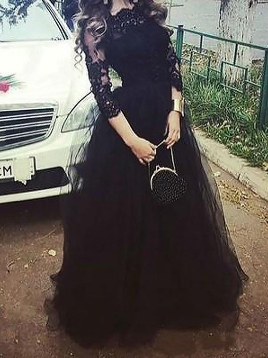 Ball Gown 3/4 Sleeves Bateau With Lace Floor-Length Tulle Prom Dress