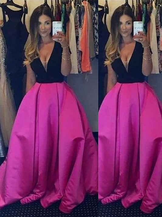 Ball Gown Sleeveless V-neck With Ruffles Floor-Length Satin Prom Dress