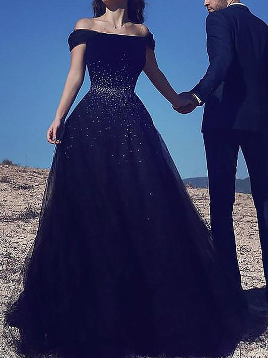 Ball Gown Sleeveless Off-the-Shoulder With Beading Sweep/Brush Train Tulle Prom Dress