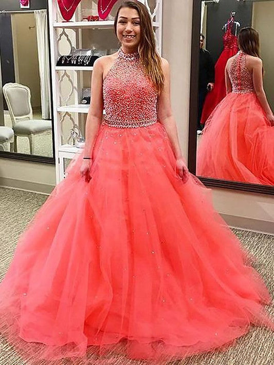 Ball Gown Sleeveless Halter With Beading Floor-Length Tulle Prom Dress