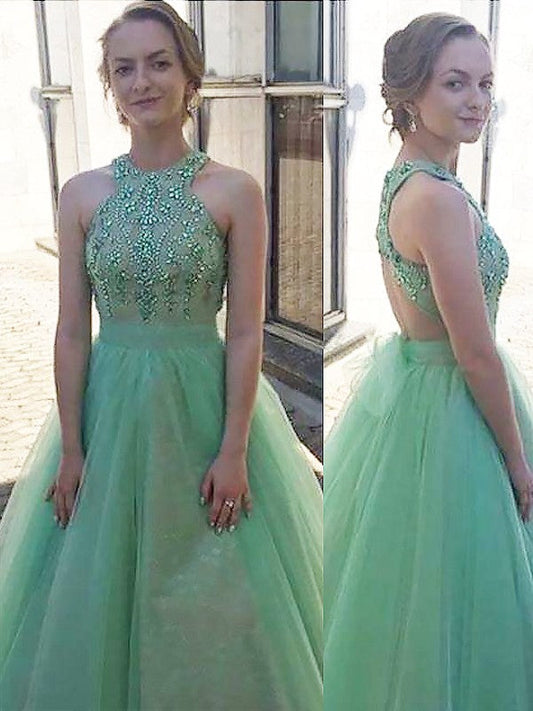 Ball Gown Sleeveless Halter With Beading Floor-Length Tulle Prom Dress