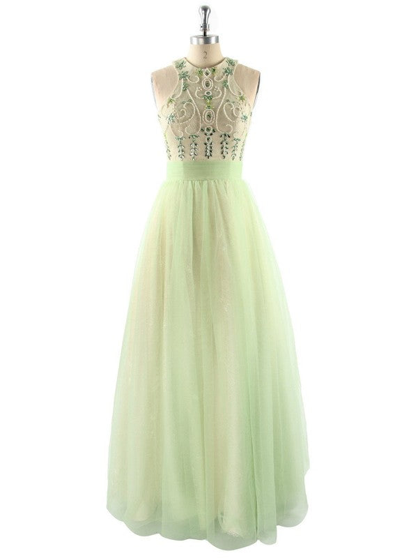 Ball Gown Sleeveless Halter With Beading Floor-Length Tulle Prom Dress