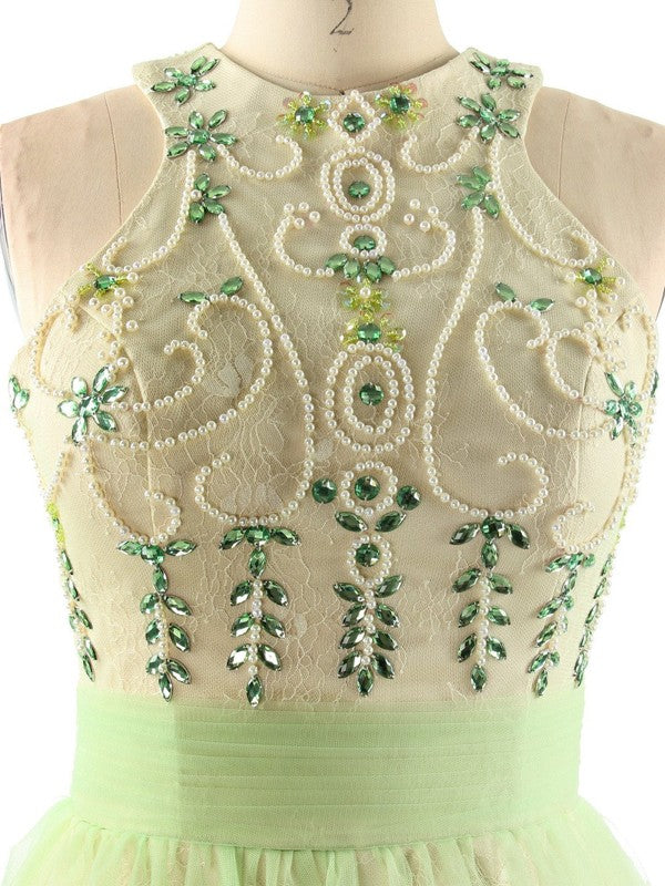 Ball Gown Sleeveless Halter With Beading Floor-Length Tulle Prom Dress
