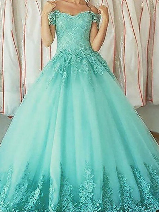 Ball Gown Sleeveless Off-the-Shoulder With Applique Floor-Length Tulle Prom Dress