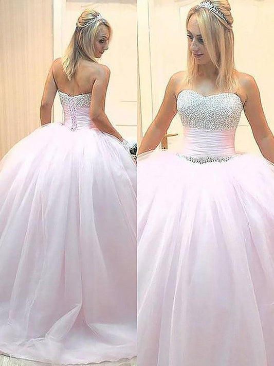 Ball Gown Sleeveless Sweetheart With Beading Sweep/Brush Train Tulle Prom Dress
