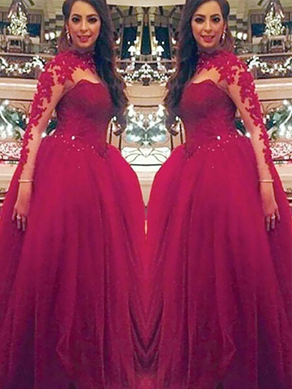 Ball Gown Long Sleeves High Neck With Applique Floor-Length Tulle Prom Dress