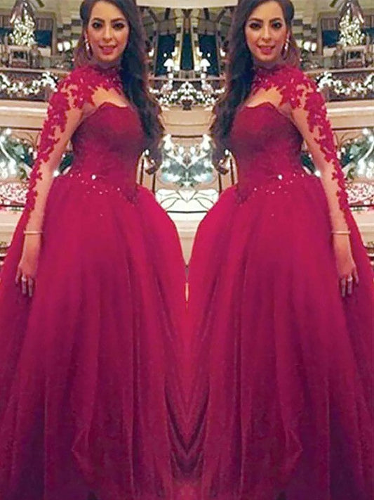 Ball Gown Long Sleeves High Neck With Applique Floor-Length Tulle Prom Dress