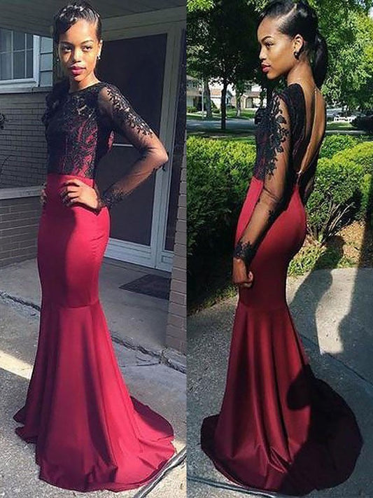 Mermaid Long Sleeves Bateau Elastic Woven Satin With Lace Sweep/Brush Train Prom Dress