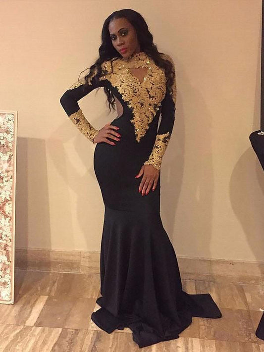 Mermaid Long Sleeves Bateau Stretch Crepe With Applique Sweep/Brush Train Prom Dress