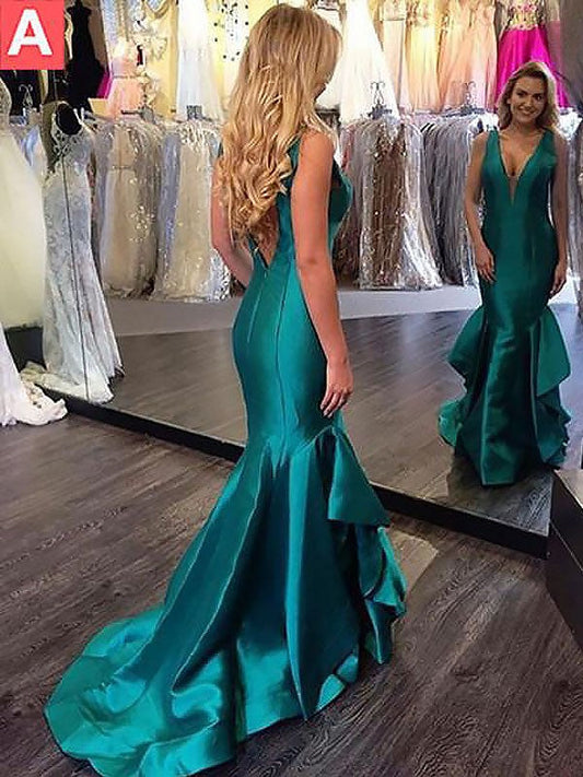 Mermaid Sleeveless V-Neck Satin With Layers Sweep/Brush Train Prom Dress