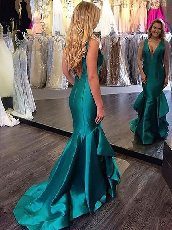 Mermaid Sleeveless V-Neck Satin With Layers Sweep/Brush Train Prom Dress