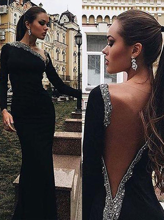 Mermaid Long Sleeves One-Shoulder Spandex With Beading Floor-Length Prom Dress