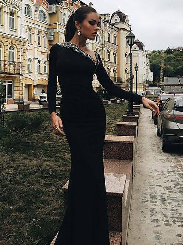 Mermaid Long Sleeves One-Shoulder Spandex With Beading Floor-Length Prom Dress