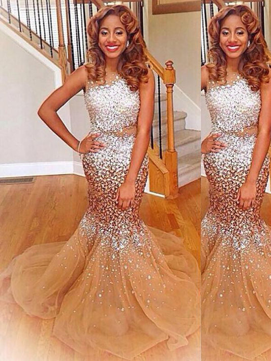 Mermaid Bateau Sleeveless With Sequin Sweep/Brush Train Tulle Prom Dress