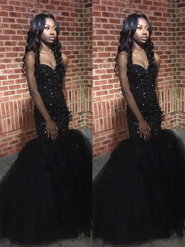 Mermaid Sleeveless Sweetheart Tulle With Sequin Sweep/Brush Train Prom Dress