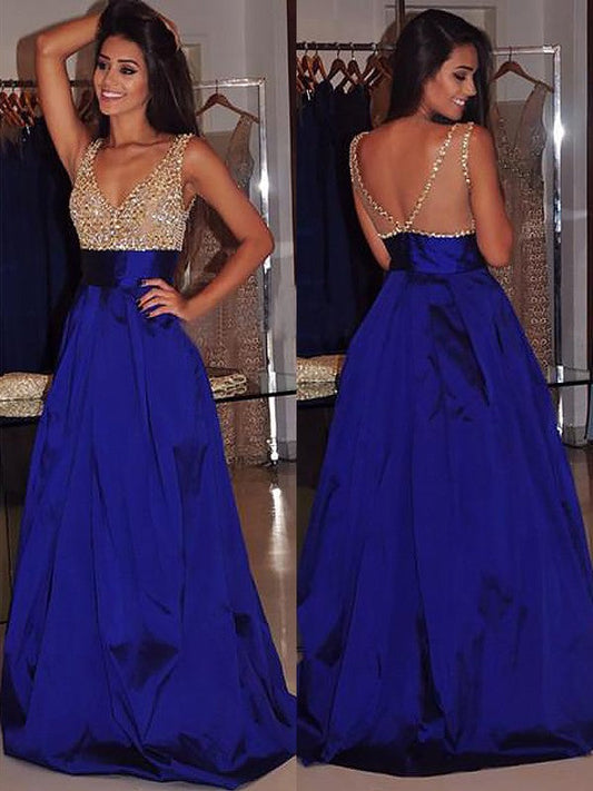 A-Line V-neck Sleeveless Sweep/Brush Train With Beading Taffeta Prom Dress
