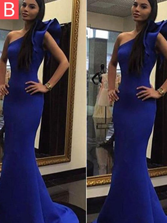 Mermaid Sleeveless One-Shoulder With Ruffles Sweep/Brush Train Stretch Crepe Prom Dress