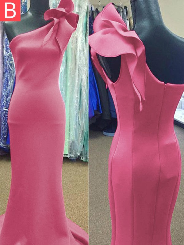 Mermaid Sleeveless One-Shoulder With Ruffles Sweep/Brush Train Stretch Crepe Prom Dress
