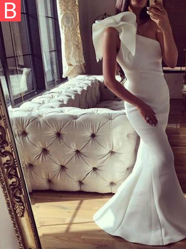 Mermaid Sleeveless One-Shoulder With Ruffles Sweep/Brush Train Stretch Crepe Prom Dress