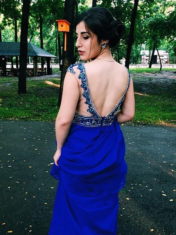 A-Line Bateau Sleeveless Floor-Length With Beading Chiffon Prom Dress