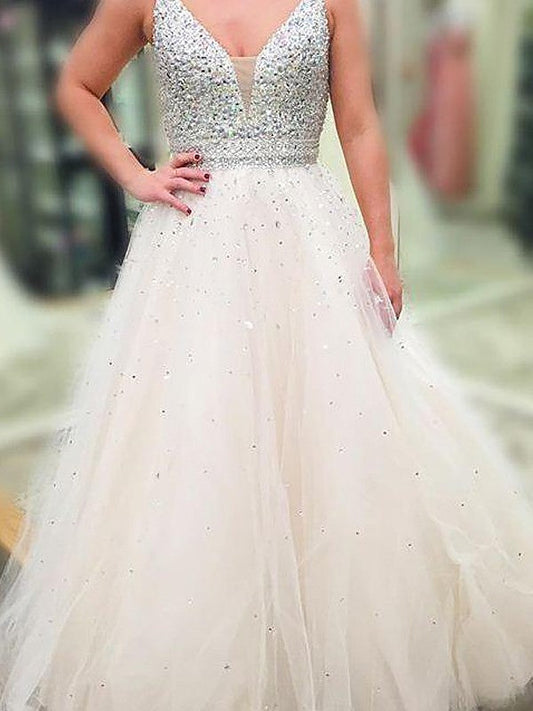 A-Line V-neck Sleeveless Floor-Length With Beading Tulle Prom Dress