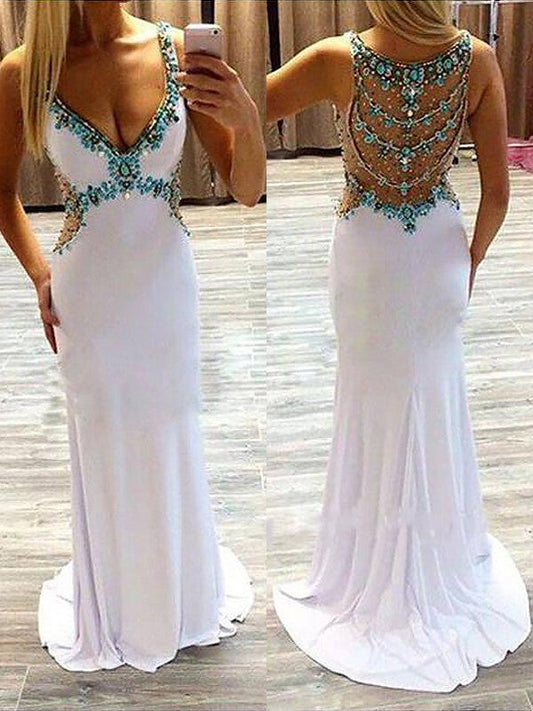 A-Line V-Neck Sleeveless Sweep/Brush Train With Beading Spandex Prom Dress