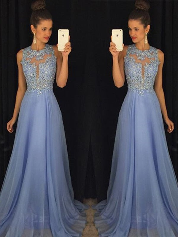 A-Line Chiffon Scoop Sleeveless Sweep/Brush Train With Applique Prom Dress