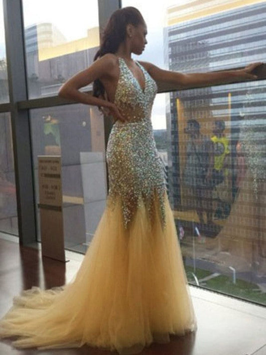 Mermaid Tulle Halter Sleeveless Court Train With Sequin Prom Dress